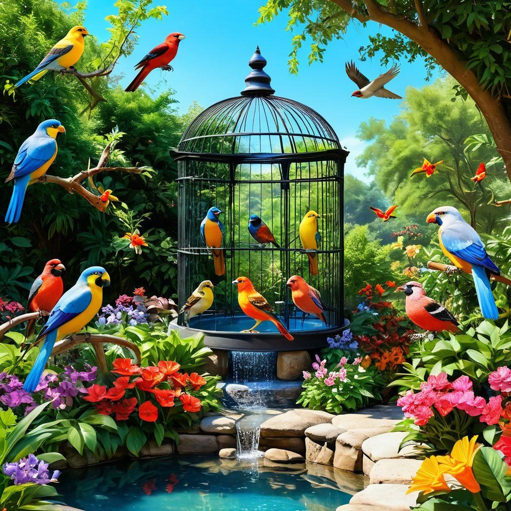 An enchanting aviary filled with colorful birds of various species flitting amongst lush greenery and vibrant flowers, showcasing cozy nesting spots and playful feeding areas. Include a serene water feature reflecting soft sunlight, with birds perched happily around it. The background should have a clear blue sky, creating a blissful atmosphere. whimsical and cheerful. vivid colors. 3D.