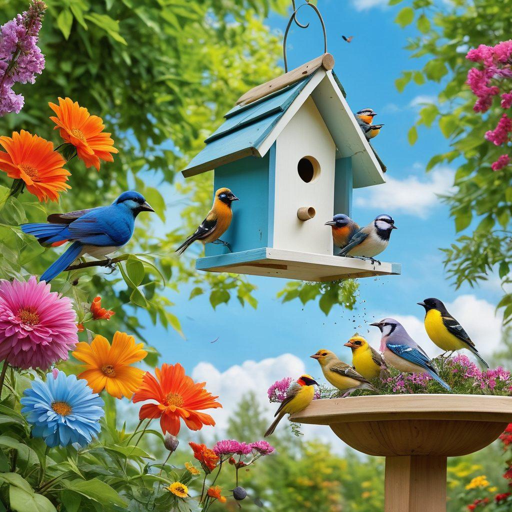 A lively garden scene filled with various bird species happily interacting in diverse habitats, showcasing birdhouses, feeders, and colorful plants. Include a bright blue sky with fluffy clouds, and vibrant colors to highlight the joyfulness of the avian community. Add playful elements like birdbaths, nesting spots, and birds in flight to evoke a sense of ecstatic movement. super-realistic. vibrant colors. white background.